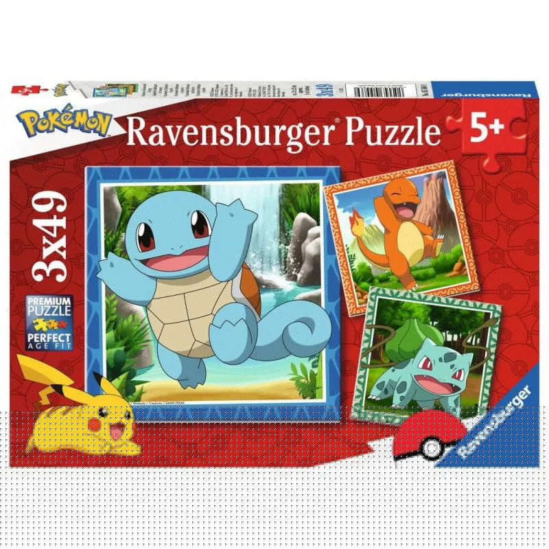 Puzzle: Pokémon - Charmander, Bulbasaur and Squirtle 3x49 pieces
Publisher: Ravensburger