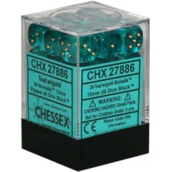 Chessex Borealis 12mm d6 (36 Dés) - Teal with Gold Luminary