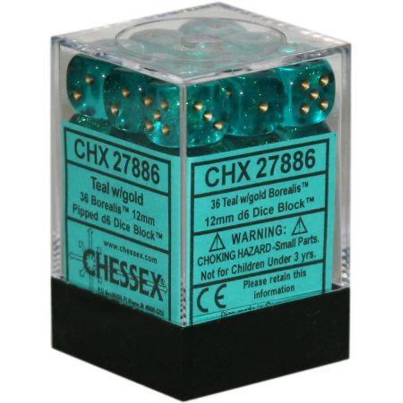 Chessex Borealis 12mm d6 (36 Dés) - Teal with Gold Luminary | 601982031589