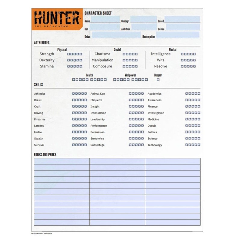 Hunter: The Reckoning 5th Edition RPG JournalExpanded Character Sheet Journal *ANGLAIS* | 9781957311043