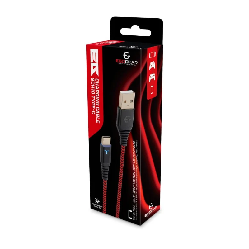 EgoGear - 3 m SCH10 rood-zwarte USB-C gevlochten oplaadkabel voor Switch, Switch Lite, Switch Oled, PS5 en Xbox Series X|S | 5425025591817