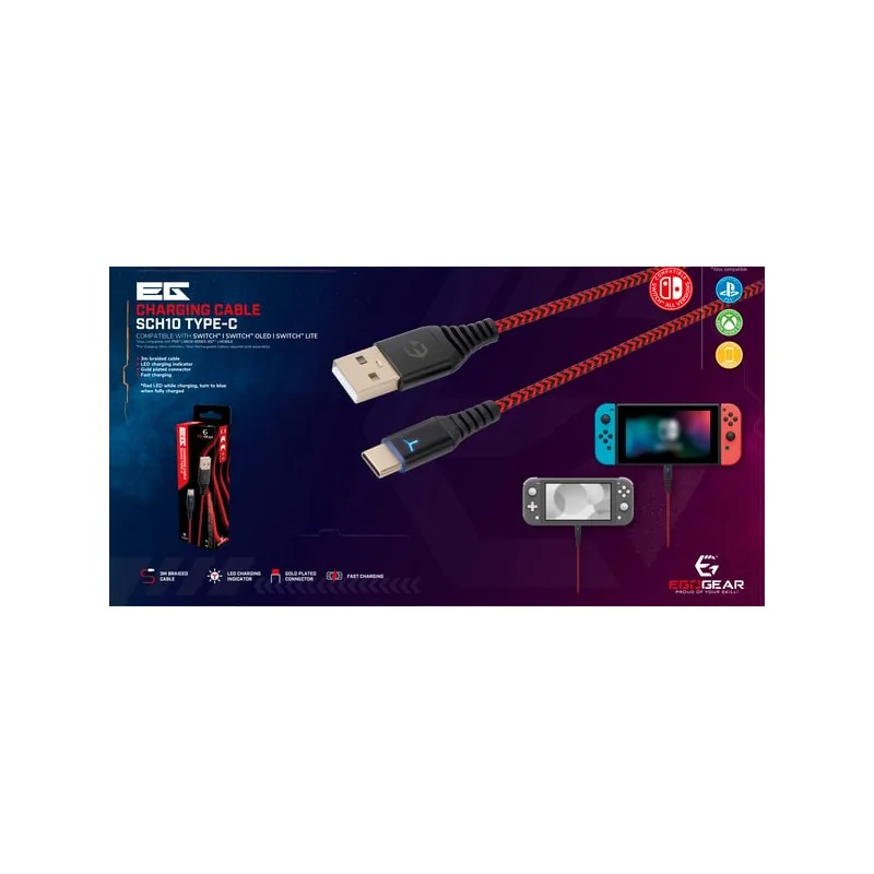 EgoGear - Câble de recharge tressé USB-C de 3m SCH10 Rouge et Noir pour Switch, Switch Lite, Switch Oled, PS5 et Xbox Series X|S | 5425025591817