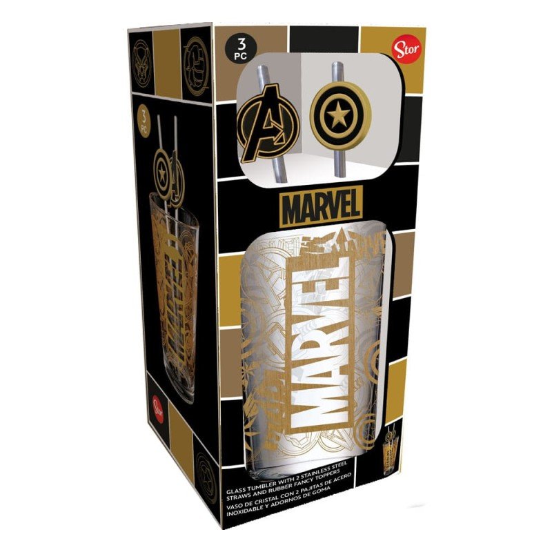 Marvel Glass Tumbler with Straws Logo & Avengers 485 ml | 8412497311194