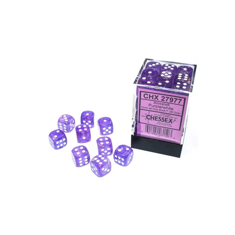 Chessex Borealis 12mm d6 (36 Dés) - Purple with White | 601982031503