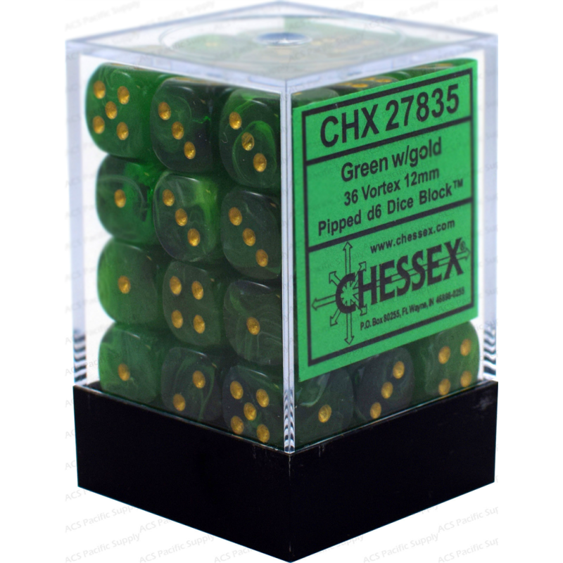 Chessex - Opaque 12mm d6 (36 Dice) - Vortex Green w/gold