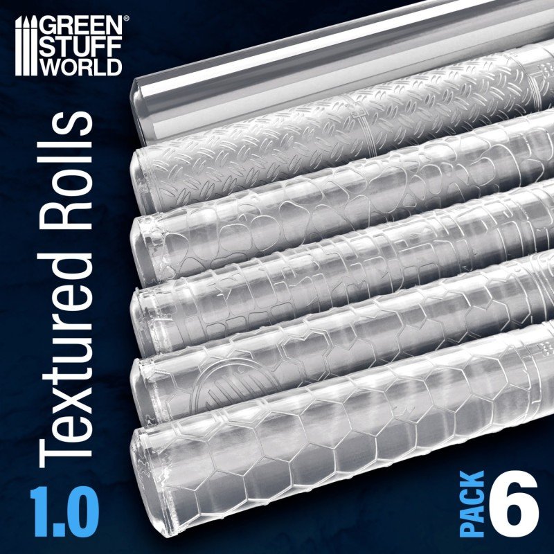 Green Stuff World - Rouleau texturé - Pack de 6 - V.1 (Lisse/Triple/Diamant/Hexa/Briques/Pavés)