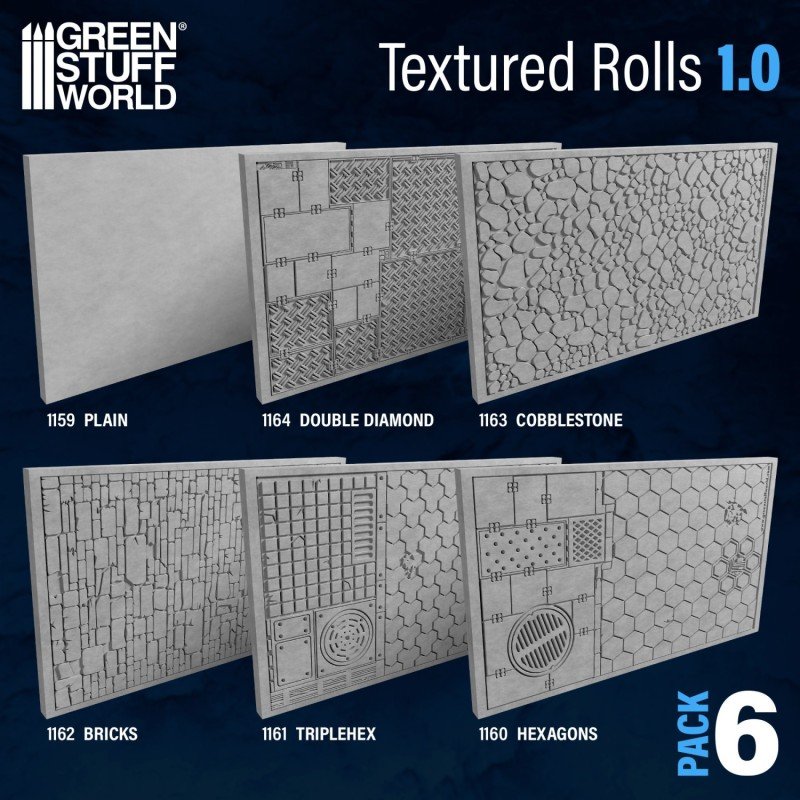 Green Stuff World - Getextureerde Roller - 6-pack - V.1 (Glad/Driedubbel/Diamant/Hexa/Baksteen/Bestrating)