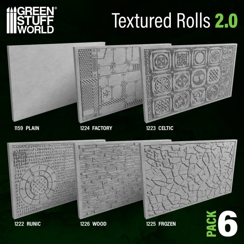 Green Stuff World - Getextureerde Roller - 6 Pack - V.2 (Glad/Bevroren/Fabriek/Keltisch/Runic/Vloer)