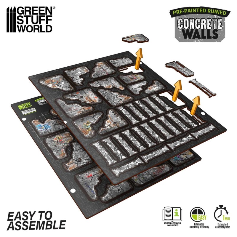 Green Stuff World - MDF Terrain - Pre-Painted & Foldable - Concrete - Walls (16 elements)