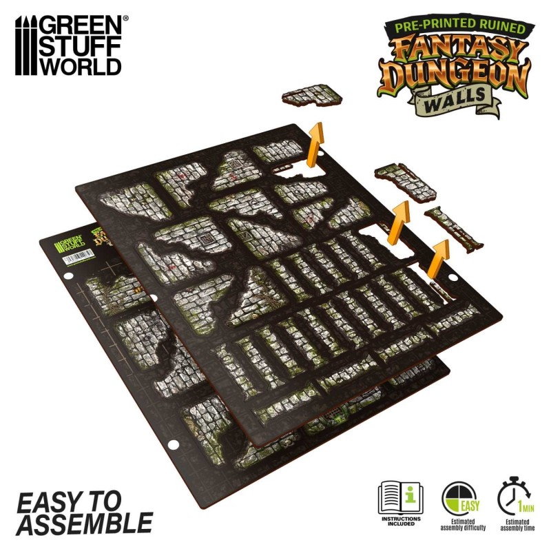 Green Stuff World - MDF Terrain - Pre-Painted & Foldable - Fantasy Dungeon - Walls (16 items)