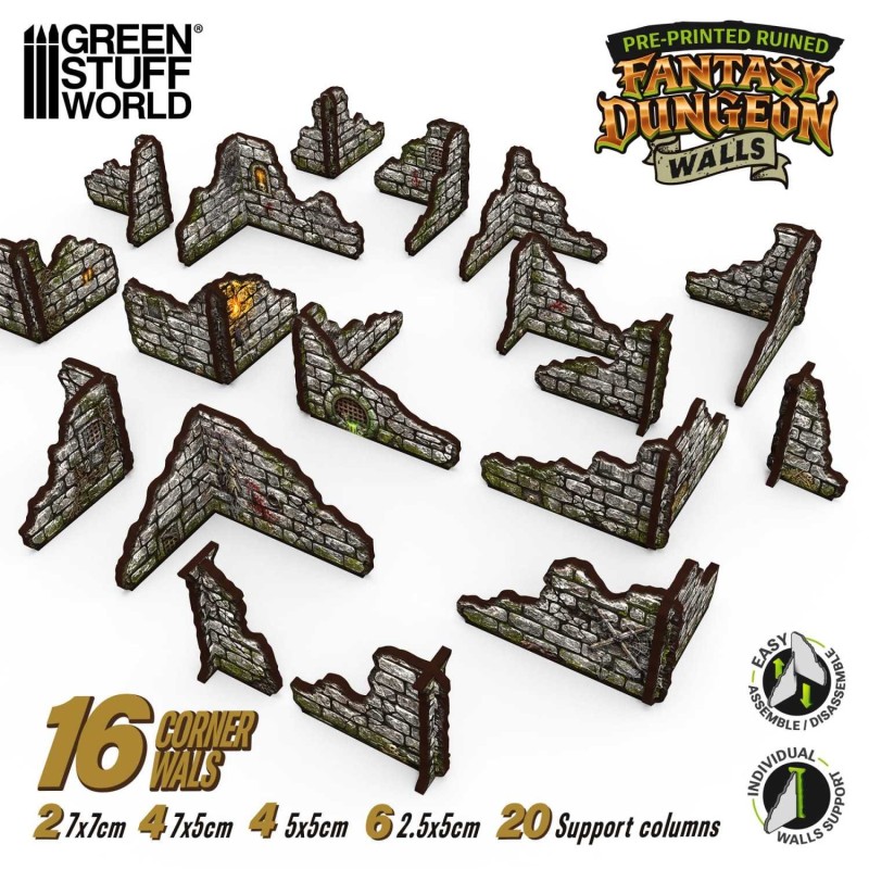 Green Stuff World - MDF Terrain - Voorbeschilderd & Opvouwbaar - Fantasy Dungeon - Muren (16 items)