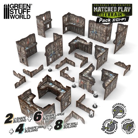 Green Stuff World - MDF Terrain - Pré-peint et Pliable - Sci-fi - Pack de décors pliable (20 éléments)