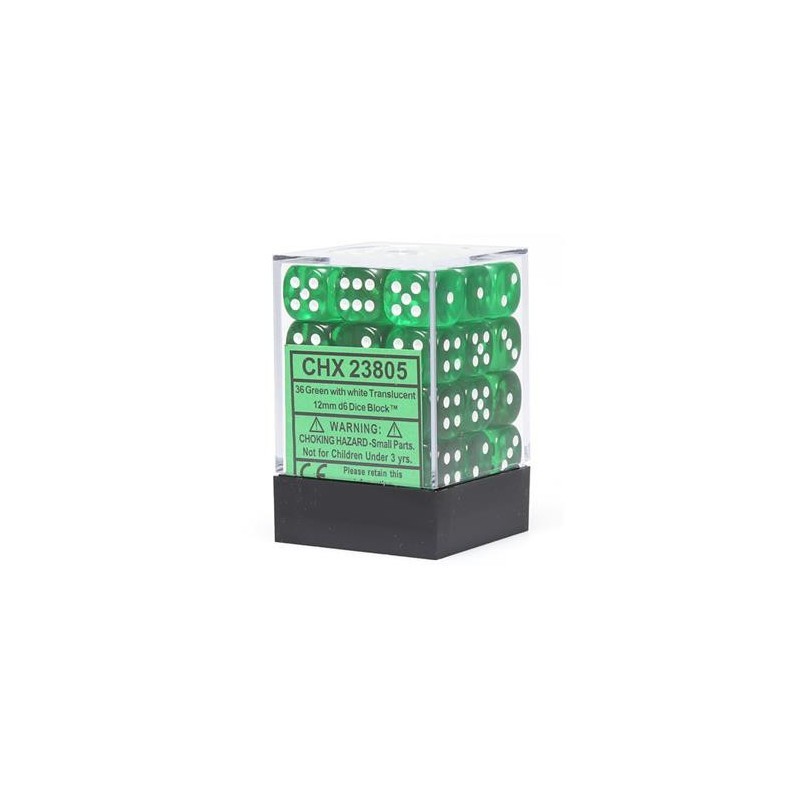 Chessex - 12mm d6 (36 dobbelstenen) - Transparant - Groen/Wit