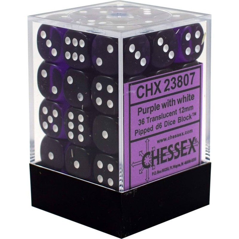 Chessex - 12mm d6 (36 dobbelstenen) - Transparant - Paars/Wit