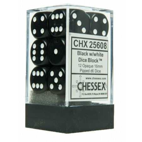 Chessex - 16mm d6 ( 12 dés ) - Opaque - Noir/Blanc