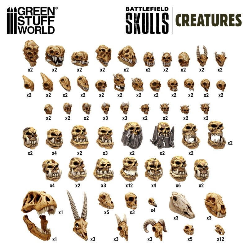 Green Stuff World- 3D Printed - Crânes & Os - Crânes de Créatures (x300)