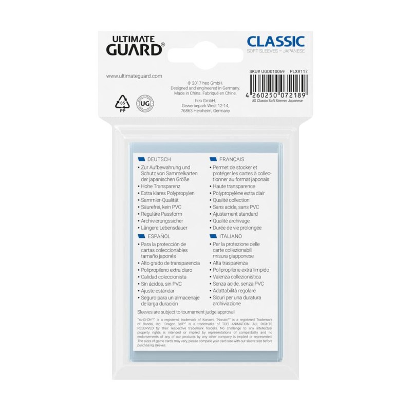 Ultimate Guard 100 pochettes Classic Soft Sleeves format japonais Transparent