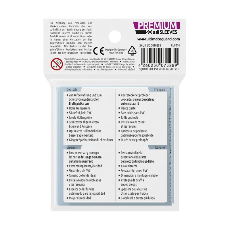 produit : Ultimate Guard 50 pochettes Premium Soft Sleeves jeux de plateau au format carré
Marque : Ultimate Guard